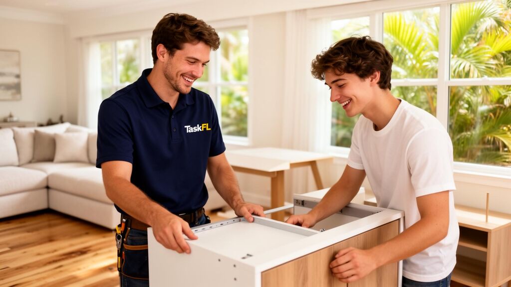 A friendly Florida tasker assembling furniture for a happy customer